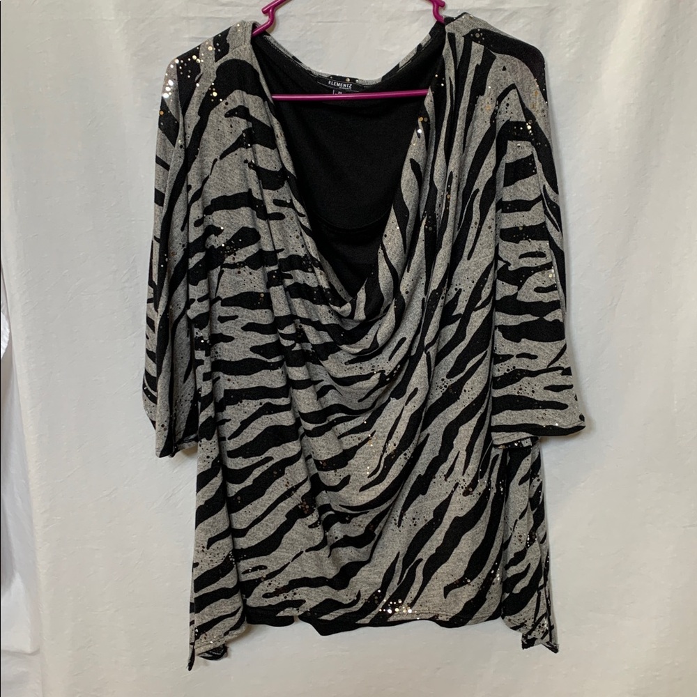 ELEMENTZ Women’s Cowl Neck Size 2X 
Sequin Zebra Print Top - Black & Gray NWOT